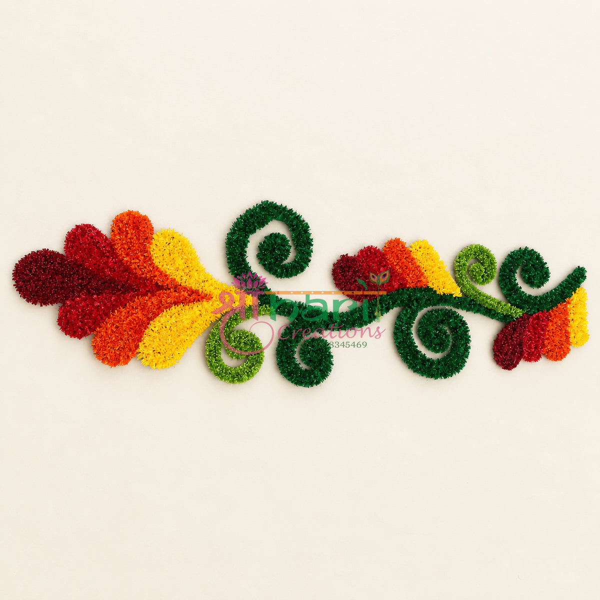 Fur Wool Floral Vine Rangoli Decor — Red, Orange & Yellow Flowers with Green Swirls (22 x 11 inch)