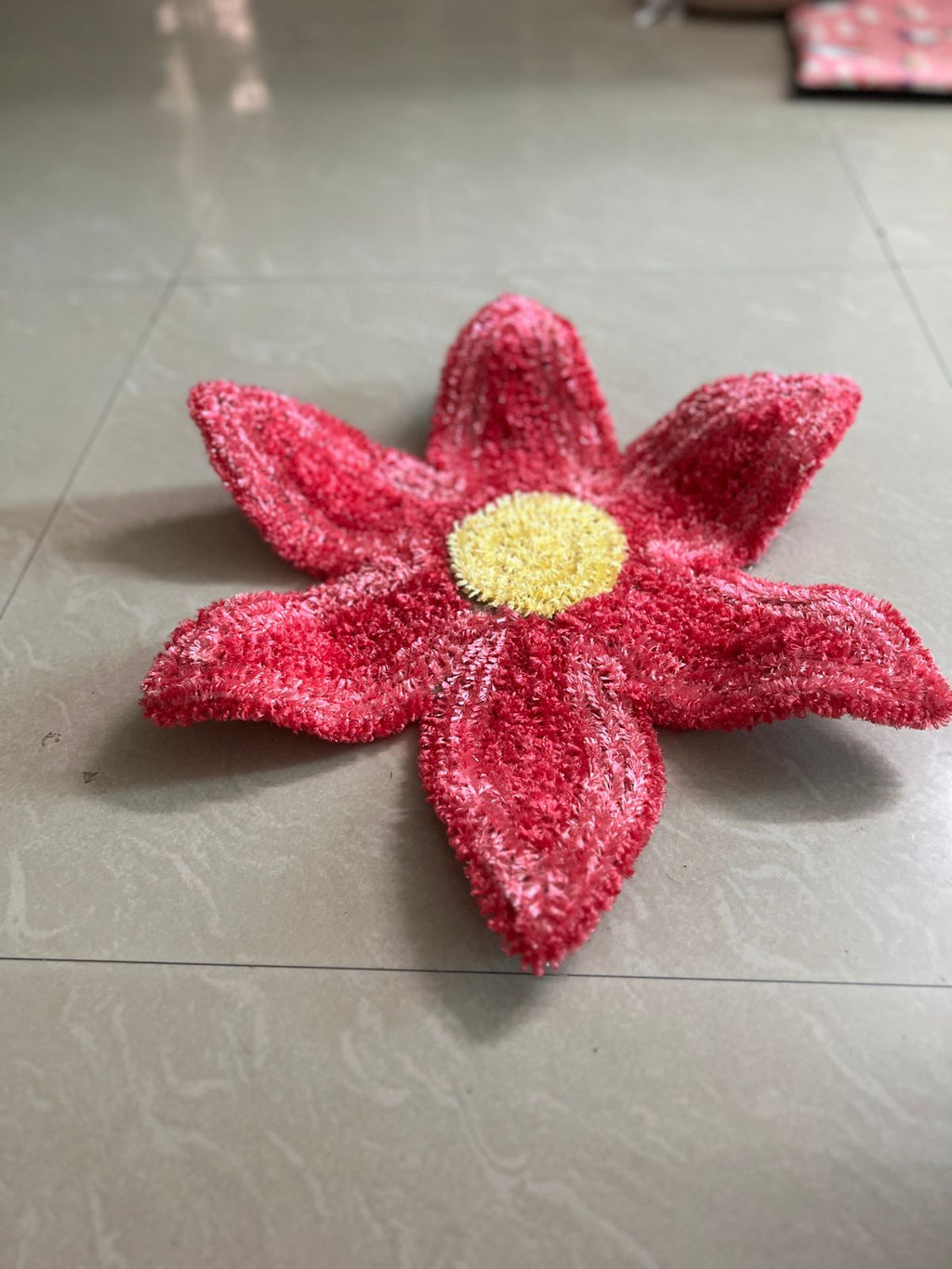 Fur Wool Pink 6-Petal Flower Rangoli Mat