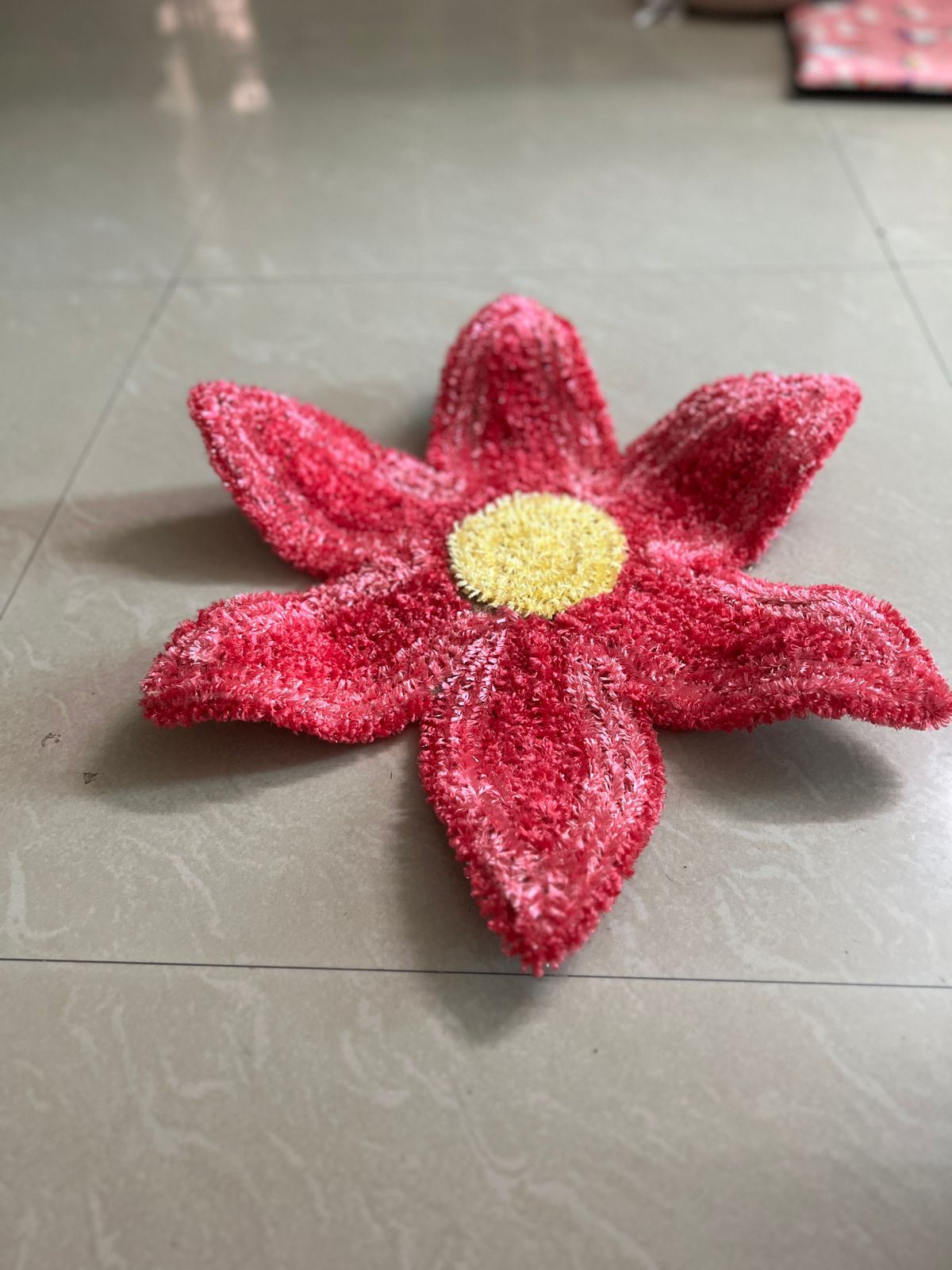 Fur Wool Pink 6-Petal Flower Rangoli Mat